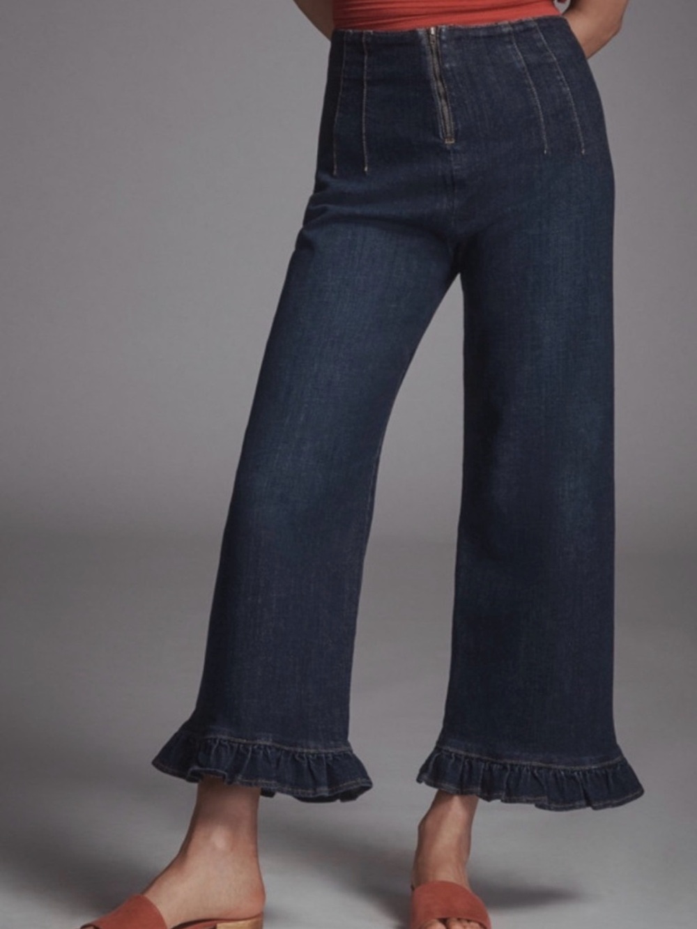 Maeve x Anthropologie The Colette Dark Denim Ruffle Hem Cropped Wide-Leg Jeans